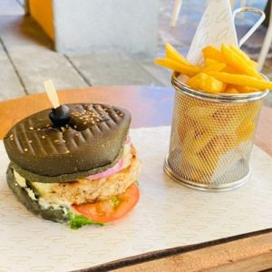 Chicken burger, avocado, mozzarella cheese and tangy mayonnaise